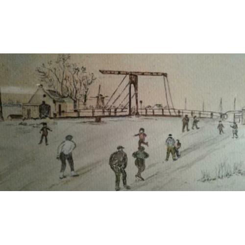 Winterlandschap | Schaatsen | Brug | Wintersport | Aquarel