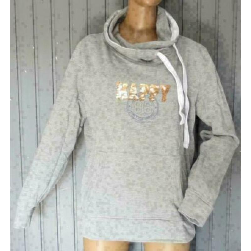 BPC grijze trui hoody maat 40 tekst Happy