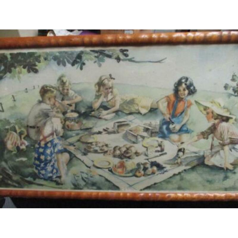 Prent, picknick, jongens en meisjes gemerkt op onderrand: co