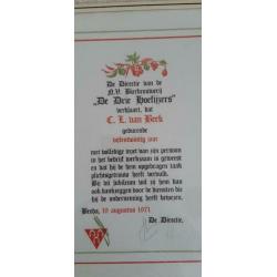 Oorkonde brouwerij 3 hoefijzers. Jubileum van Beek. 1971