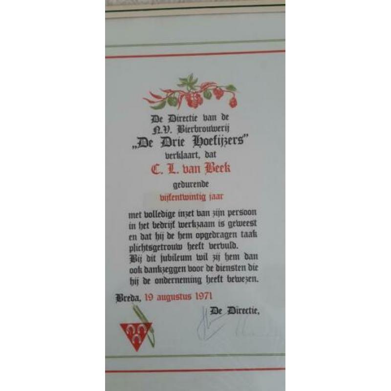 Oorkonde brouwerij 3 hoefijzers. Jubileum van Beek. 1971