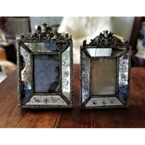 Brocante fotolijstjes glas ge-etst armeluiszilver spiegel