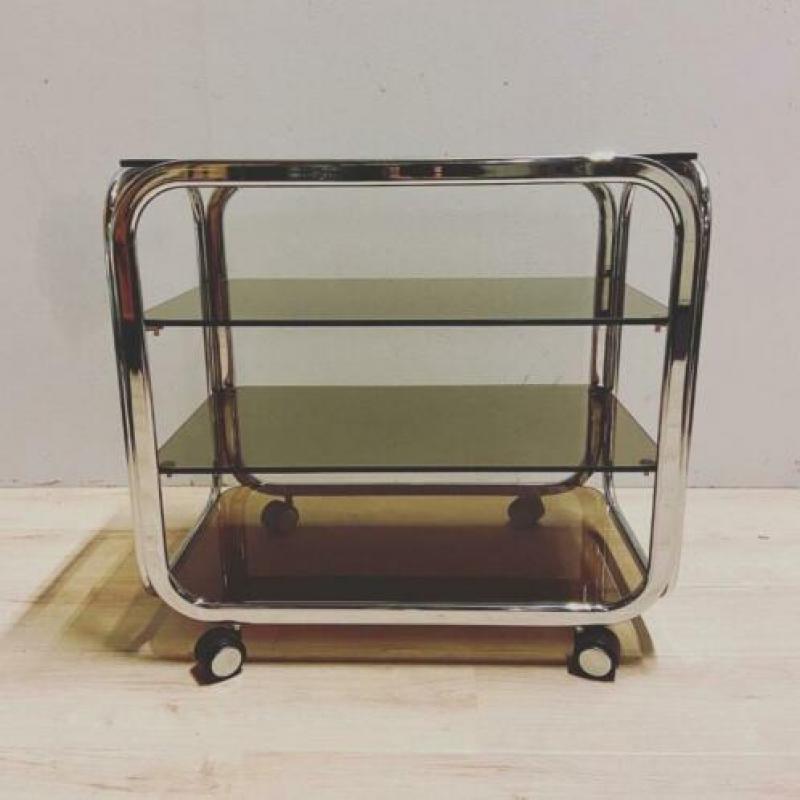 Jaren 70 80 vintage trolley chroom en rookglas