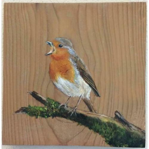 Handgeschilderd schilderij Roodborstje op steigerhout