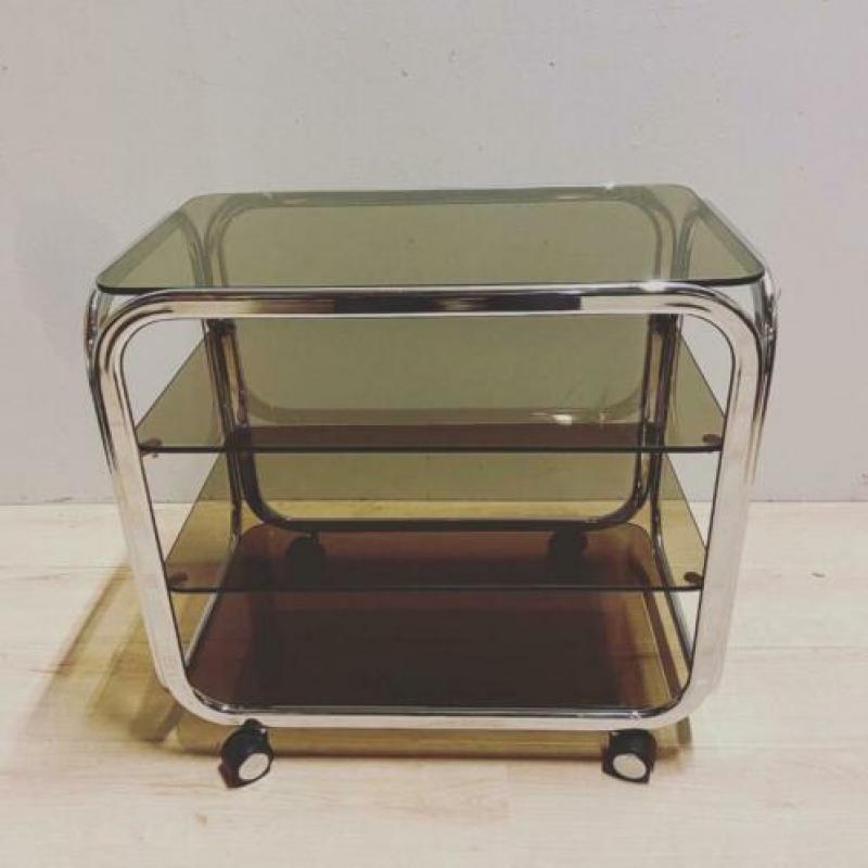 Jaren 70 80 vintage trolley chroom en rookglas