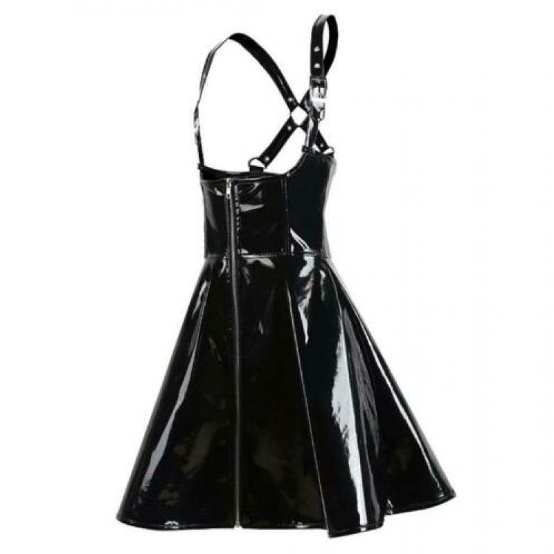 Zwarte kunstleren jurk leren wetlook latex bodycon sexy
