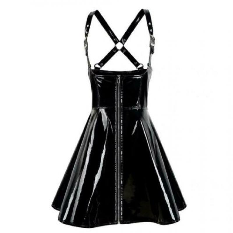 Zwarte kunstleren jurk leren wetlook latex bodycon sexy