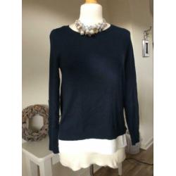 Nieuw! Donkerblauwe trui/tuniek creme strik&onderkant S/M