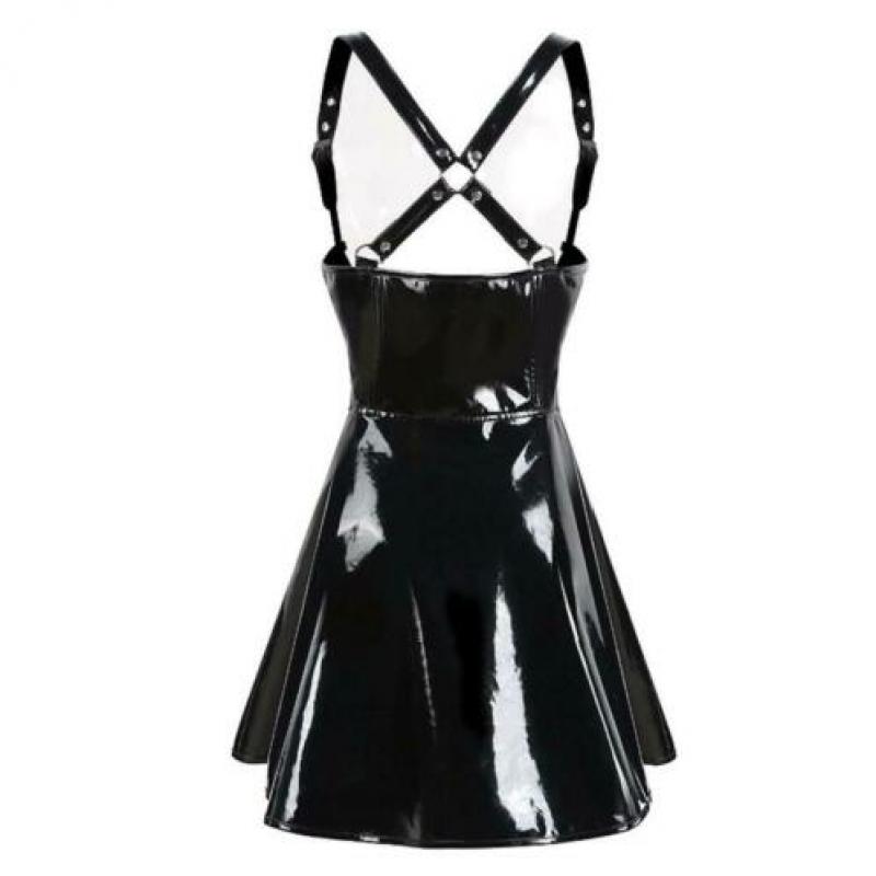 Zwarte kunstleren jurk leren wetlook latex bodycon sexy