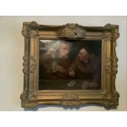 Olieverfschilderij op doek, 2 kaartende monniken