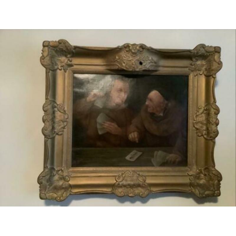 Olieverfschilderij op doek, 2 kaartende monniken