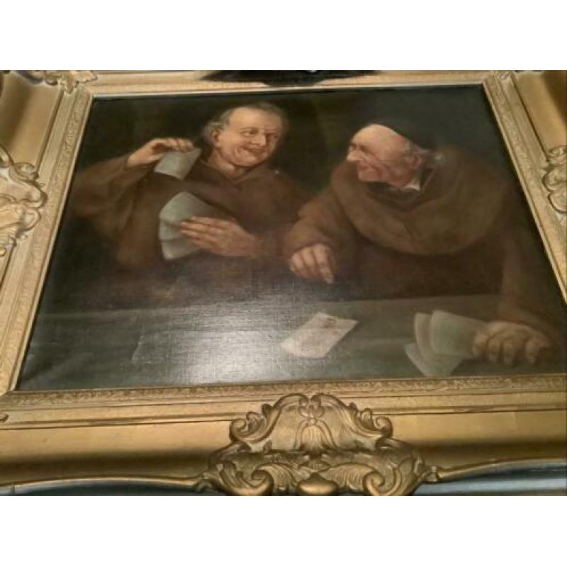 Olieverfschilderij op doek, 2 kaartende monniken