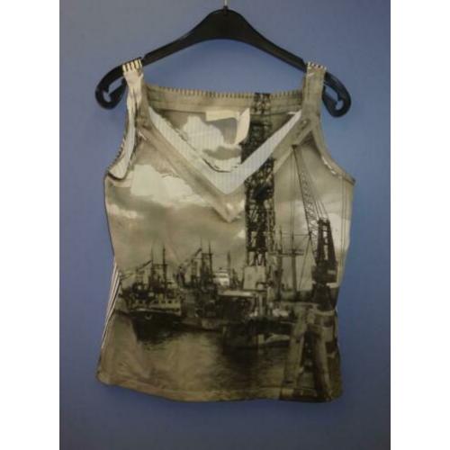Oui linnen top creme grijs met scheepswerf print mt 42 31053