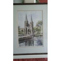 Bob Brobbel, ingekleurde litho Oostpoort in Delft