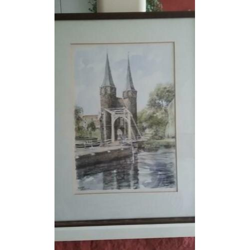 Bob Brobbel, ingekleurde litho Oostpoort in Delft