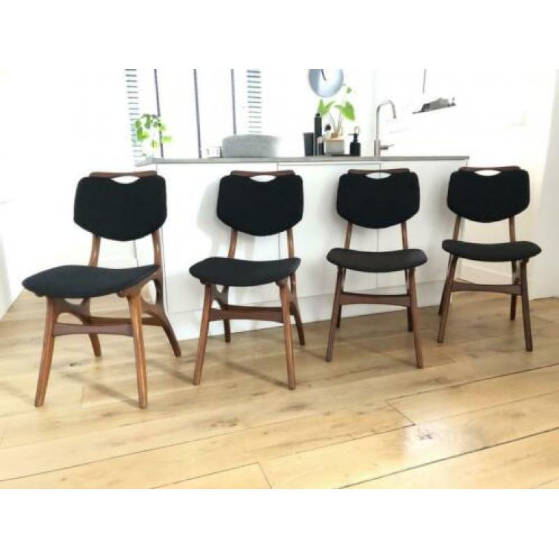 Set 4 teak vintage Pynock stoelen nieuw schuim & gestoffeerd