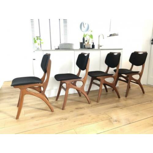 Set 4 teak vintage Pynock stoelen nieuw schuim & gestoffeerd