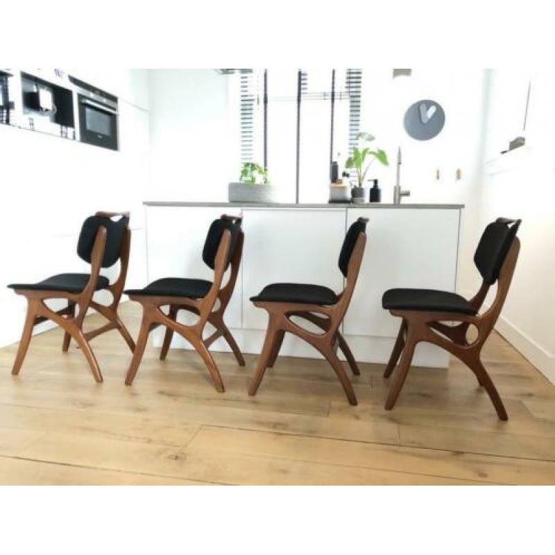 Set 4 teak vintage Pynock stoelen nieuw schuim & gestoffeerd