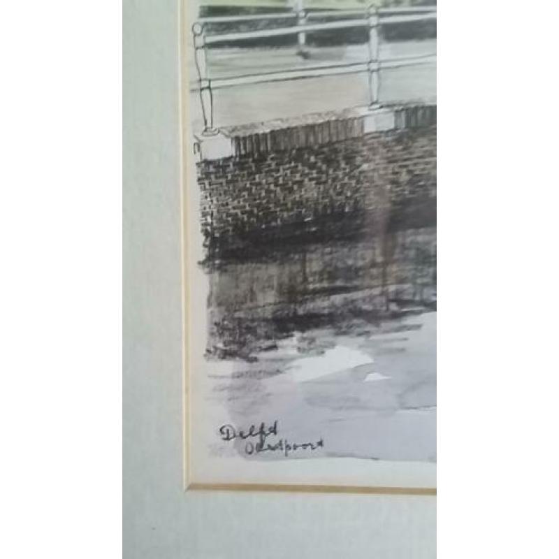 Bob Brobbel, ingekleurde litho Oostpoort in Delft