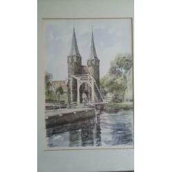 Bob Brobbel, ingekleurde litho Oostpoort in Delft