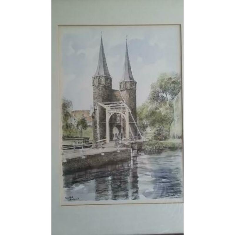 Bob Brobbel, ingekleurde litho Oostpoort in Delft