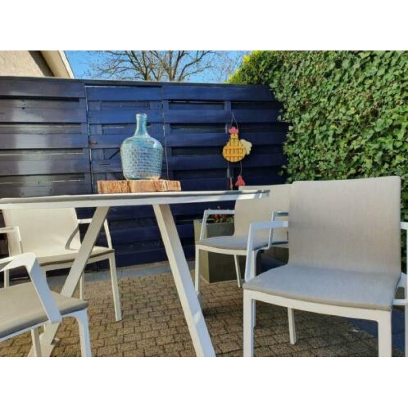 Witte zgan rond tuinset, tafel en stoelen