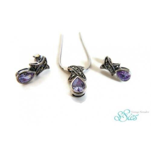 SET 925 zilver MARKASIET paarse zirkonia hanger en oorbellen