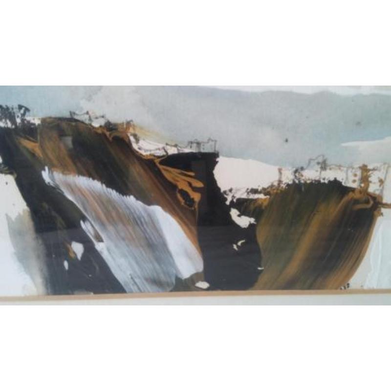 Aquarel met olieverf, modern/abstract werk van een berg top.