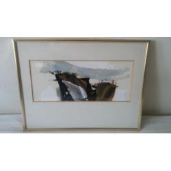 Aquarel met olieverf, modern/abstract werk van een berg top.