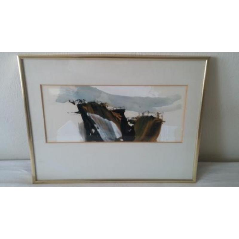 Aquarel met olieverf, modern/abstract werk van een berg top.