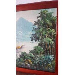 Olieverf indonesie boot kano met tent