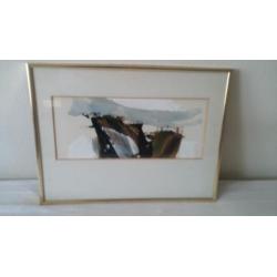 Aquarel met olieverf, modern/abstract werk van een berg top.