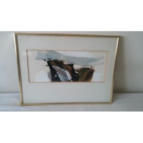 Aquarel met olieverf, modern/abstract werk van een berg top.