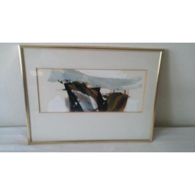 Aquarel met olieverf, modern/abstract werk van een berg top.