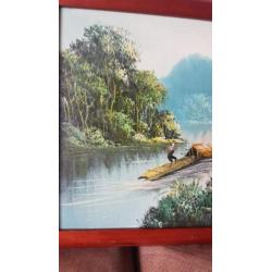 Olieverf indonesie boot kano met tent
