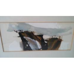 Aquarel met olieverf, modern/abstract werk van een berg top.