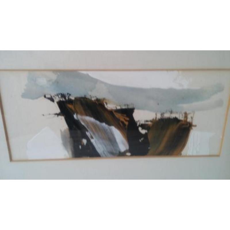 Aquarel met olieverf, modern/abstract werk van een berg top.